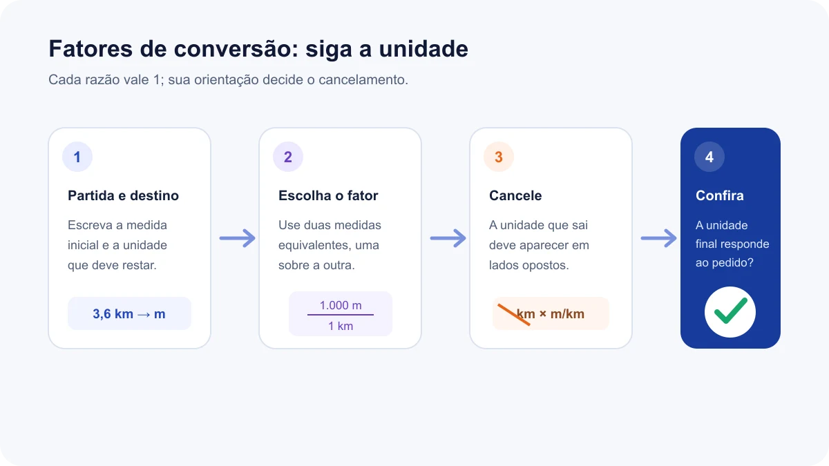 Um roteiro em quatro etapas identifica a unidade inicial, escolhe fatores equivalentes, cancela unidades e confere a unidade final