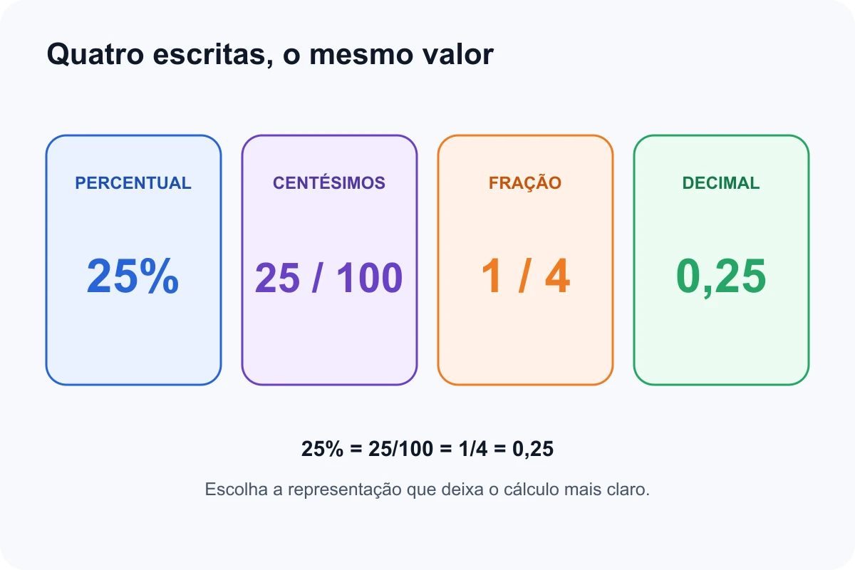 Equivalência entre 25 por cento, vinte e cinco centésimos, um quarto e decimal 0,25