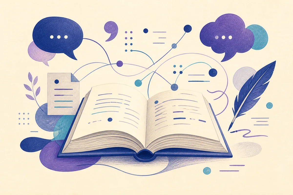 Livro aberto conectado a elementos de leitura, escrita, gramática e comunicação